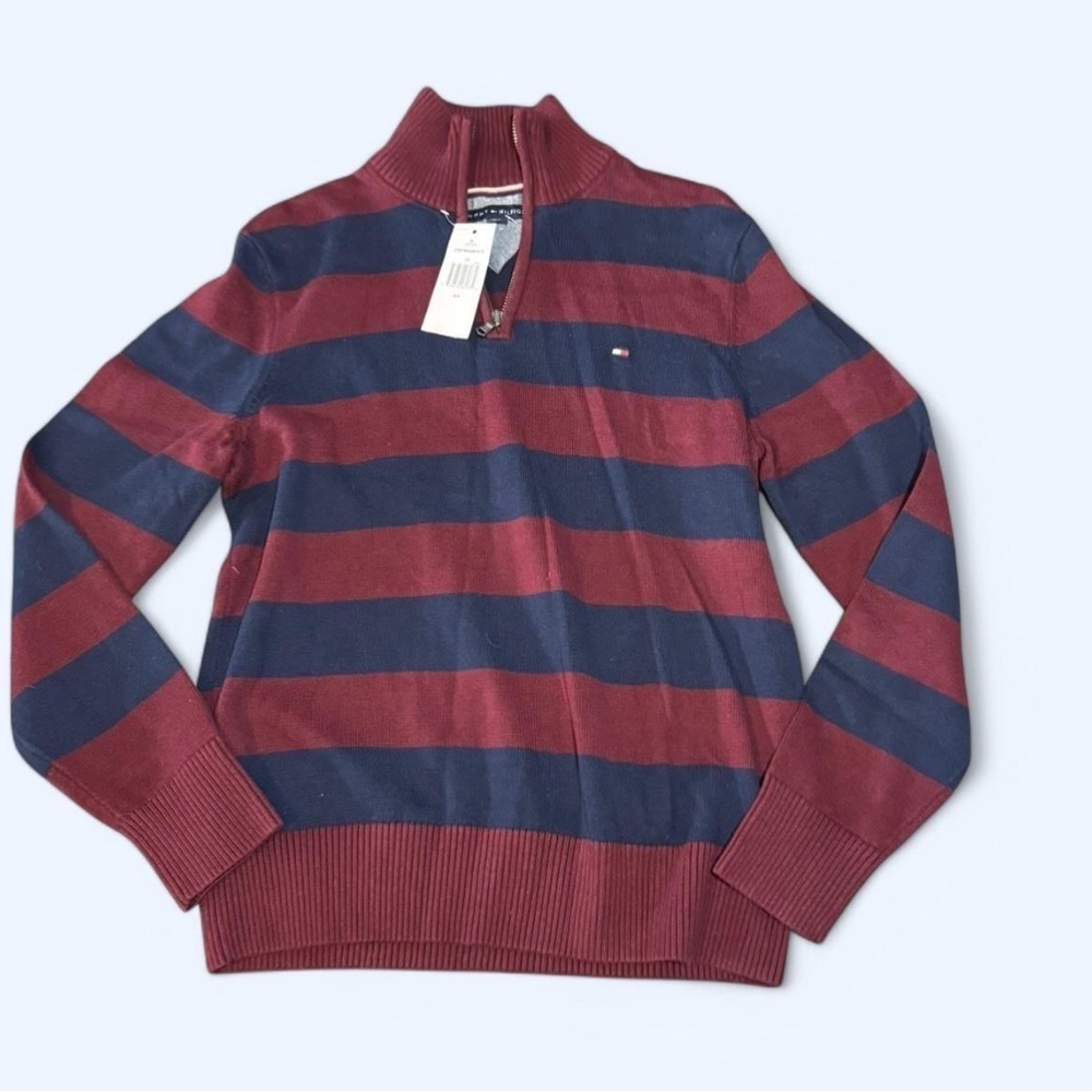 NWT Tommy Hilfiger Men's Red and Blue Striped Sweater